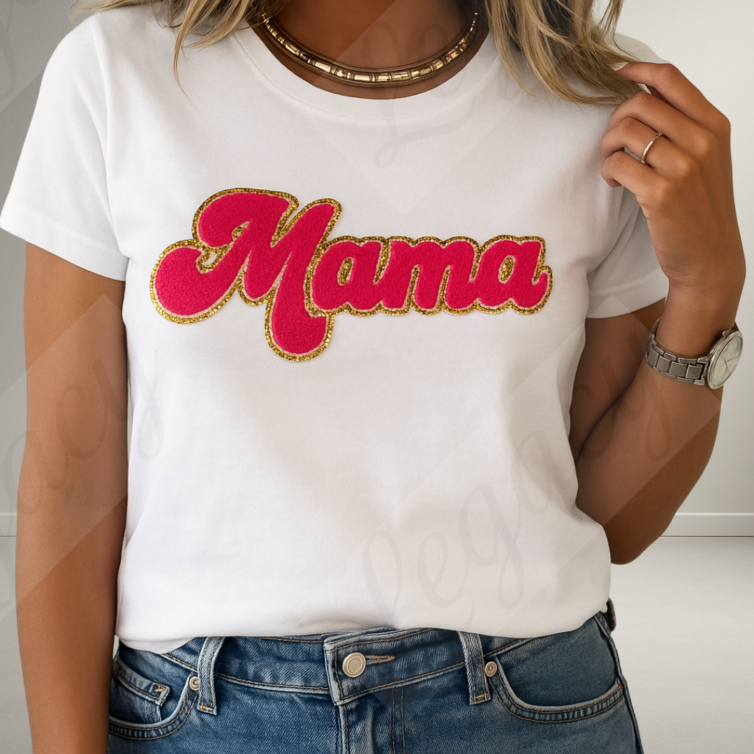 Mama-T-Shirt mit Rosa Frottee Patch und Gold Glitzerkante - Adi-Alex-Legacy