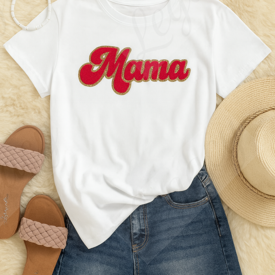 Mama-T-Shirt mit Rosa Frottee Patch und Gold Glitzerkante - Adi-Alex-Legacy
